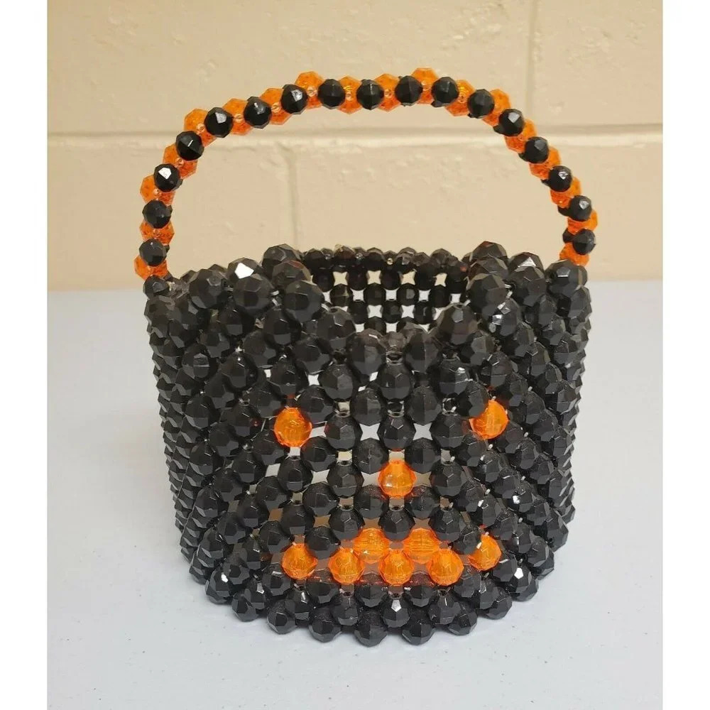 Halloween Handmade Hobbyist Black Cat Beaded Treat Basket